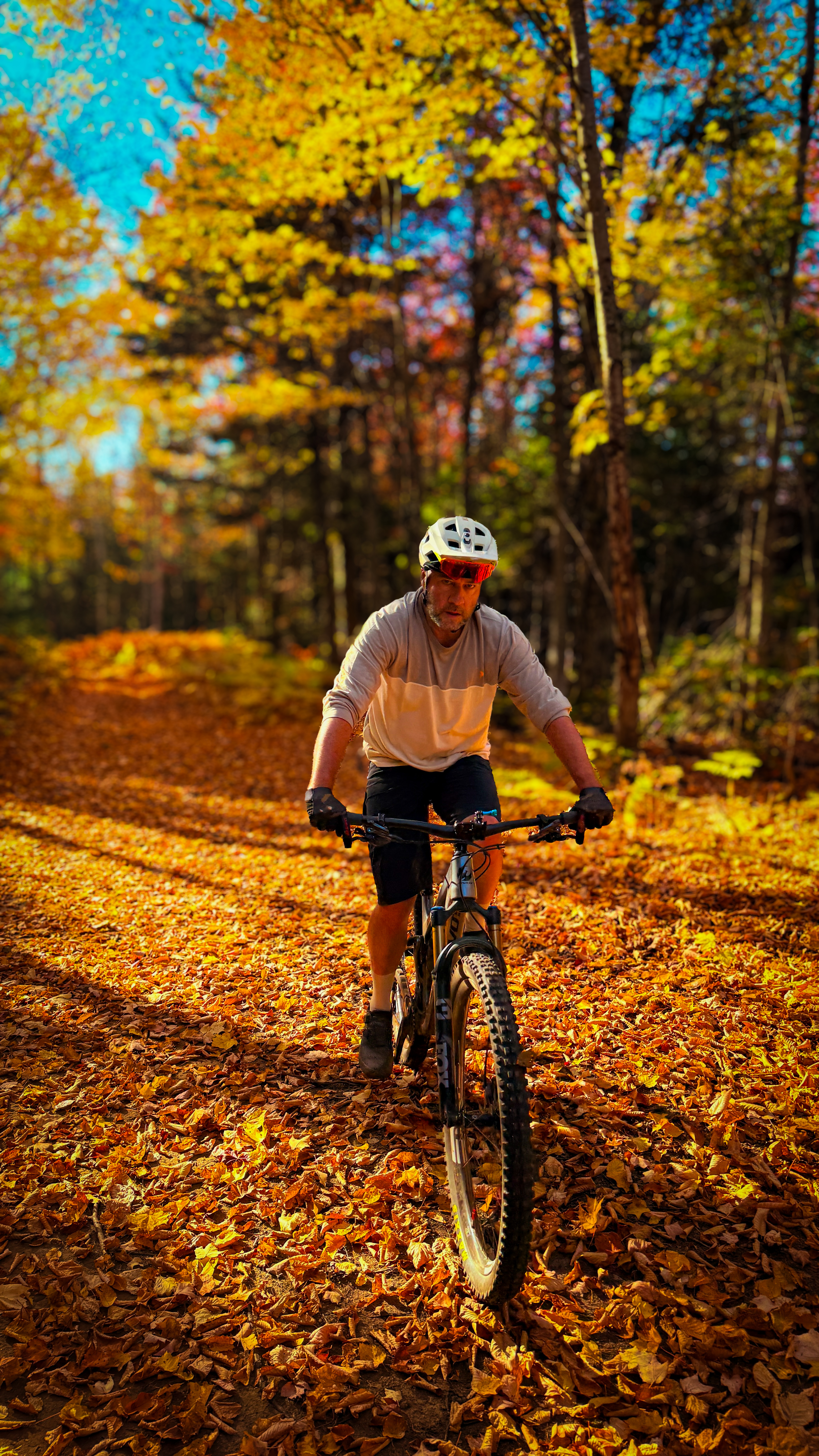 VTT sur un sentier couvert de feuilles d'automne